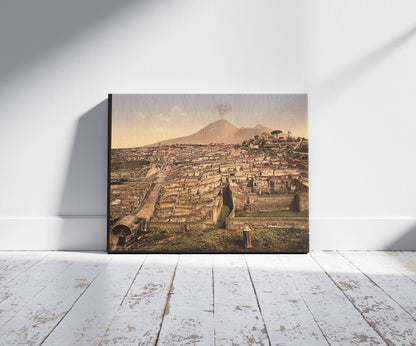 A picture of General view and Vesuvius, Pompeii, Italy, a mockup of the print leaning against a wall