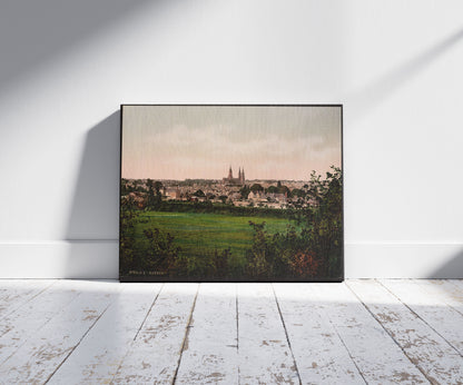 A picture of General view, Bayeux, France, a mockup of the print leaning against a wall