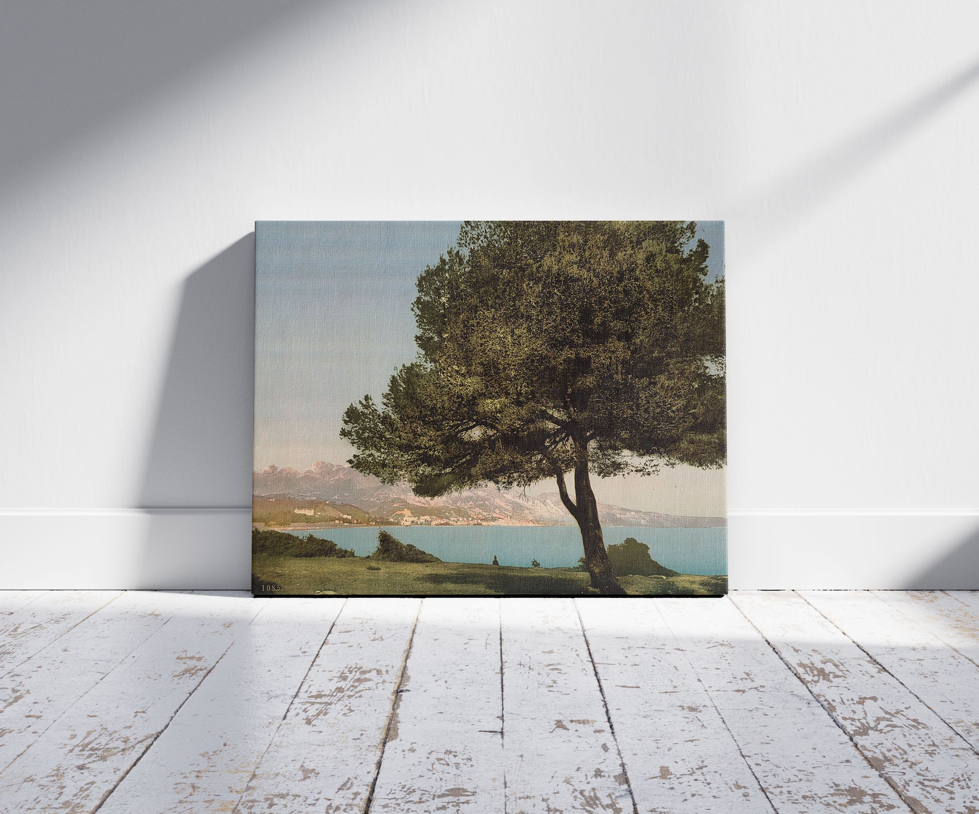 A picture of General view, Cap Martin, Mentone, Riviera, a mockup of the print leaning against a wall