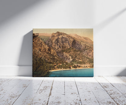 A picture of General view, Èze and St. Jean, Riviera, a mockup of the print leaning against a wall