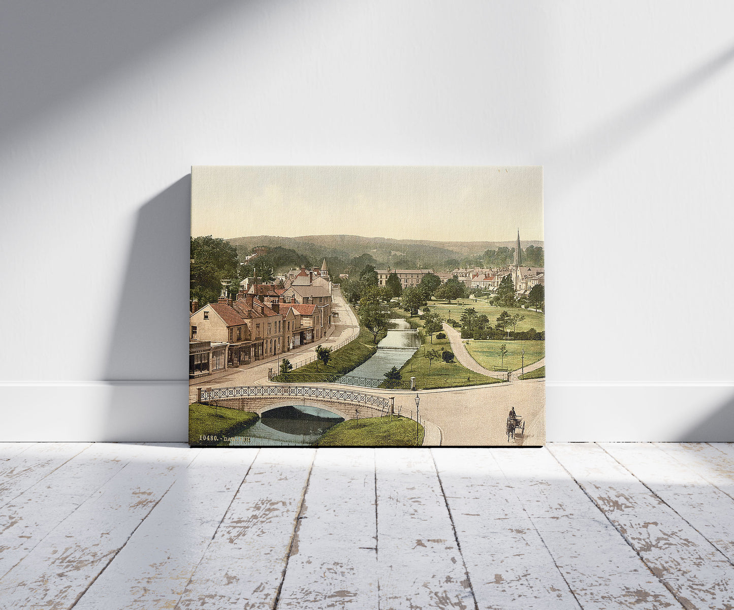 A picture of General view from cascade, Dawlish, England, a mockup of the print leaning against a wall