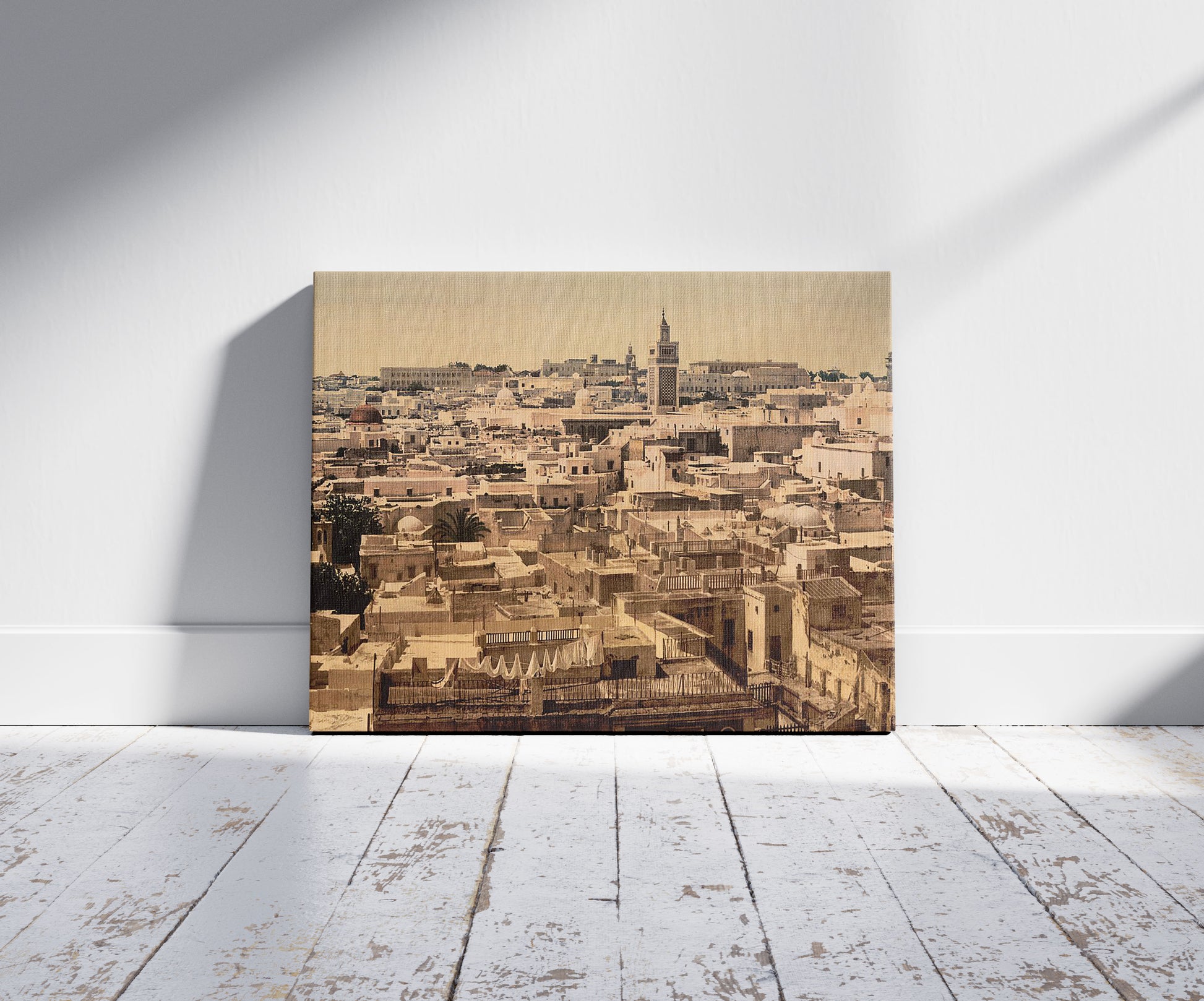 A picture of General view from Paris Hotel, Tunis, Tunisia, a mockup of the print leaning against a wall