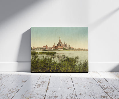 A picture of General view, from station, Stralsund, Pomerania, Germany, a mockup of the print leaning against a wall