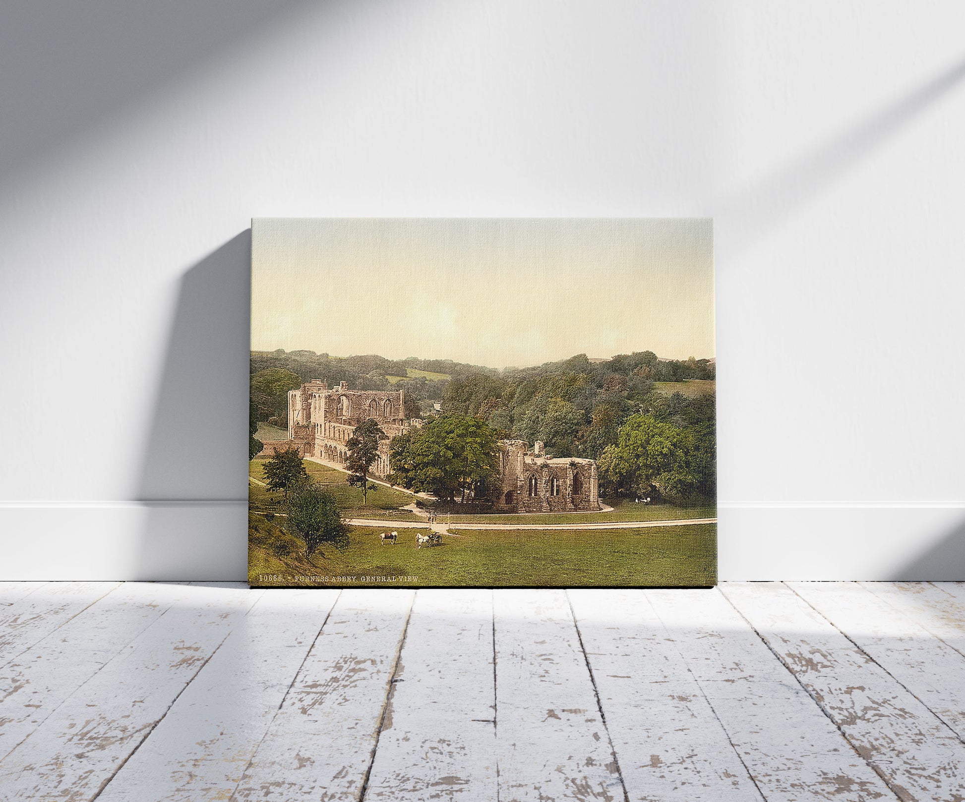 A picture of General view, Furness Abbey, England, a mockup of the print leaning against a wall