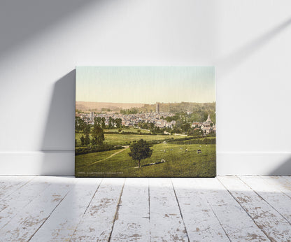 A picture of General view, Glastonbury, England, a mockup of the print leaning against a wall