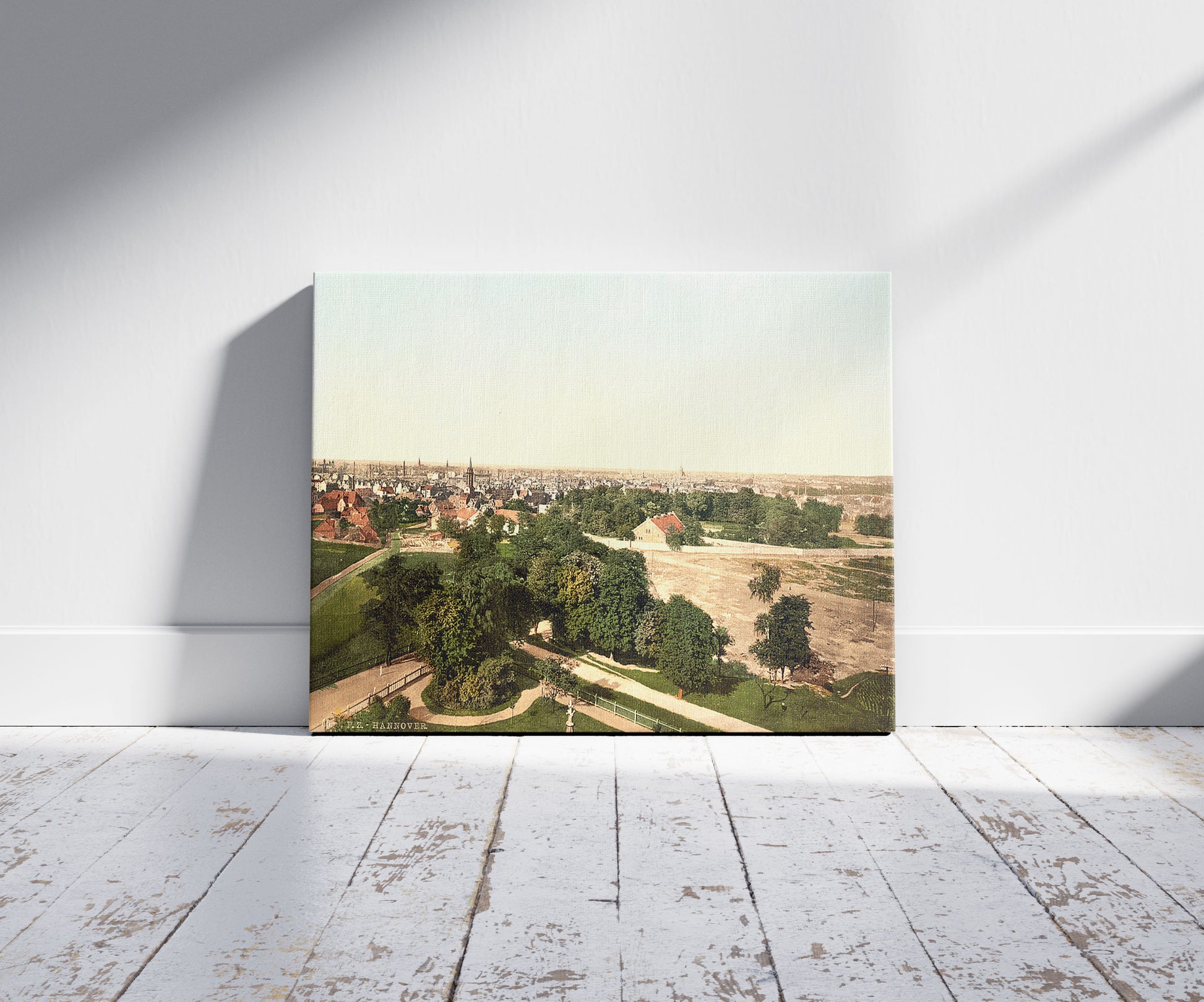 A picture of General view, Hanover, Hanover, Germany, a mockup of the print leaning against a wall