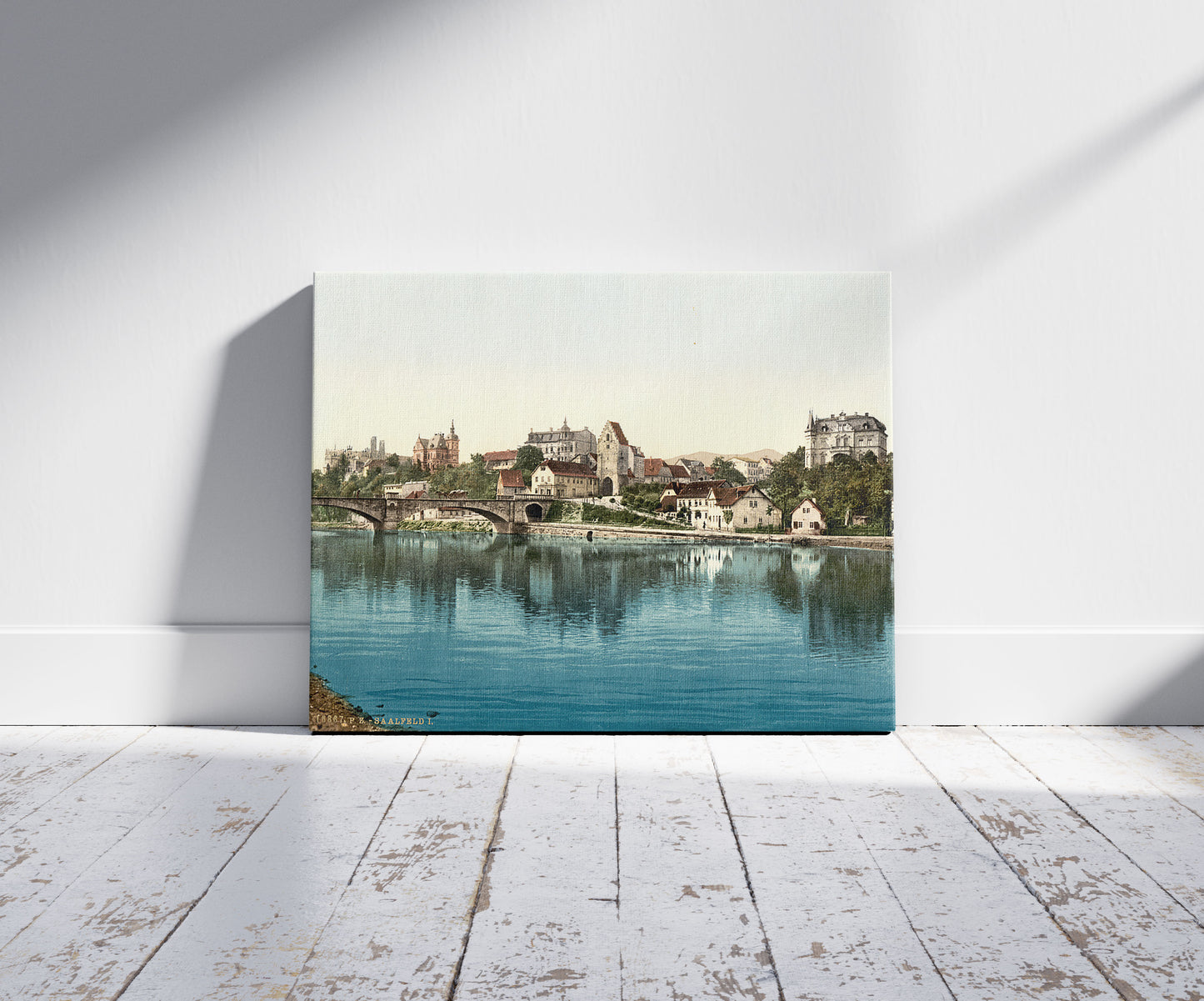 A picture of General view, I., Saalfeld, Thuringia, Germany, a mockup of the print leaning against a wall