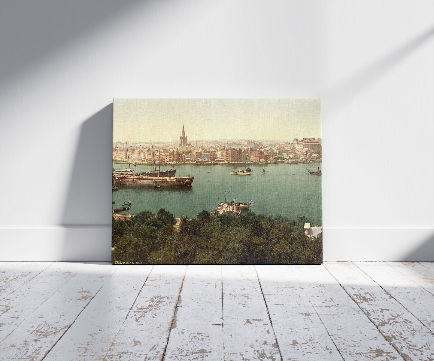 A picture of General view, Kiel, Schleswig-Holstein, Germany, a mockup of the print leaning against a wall