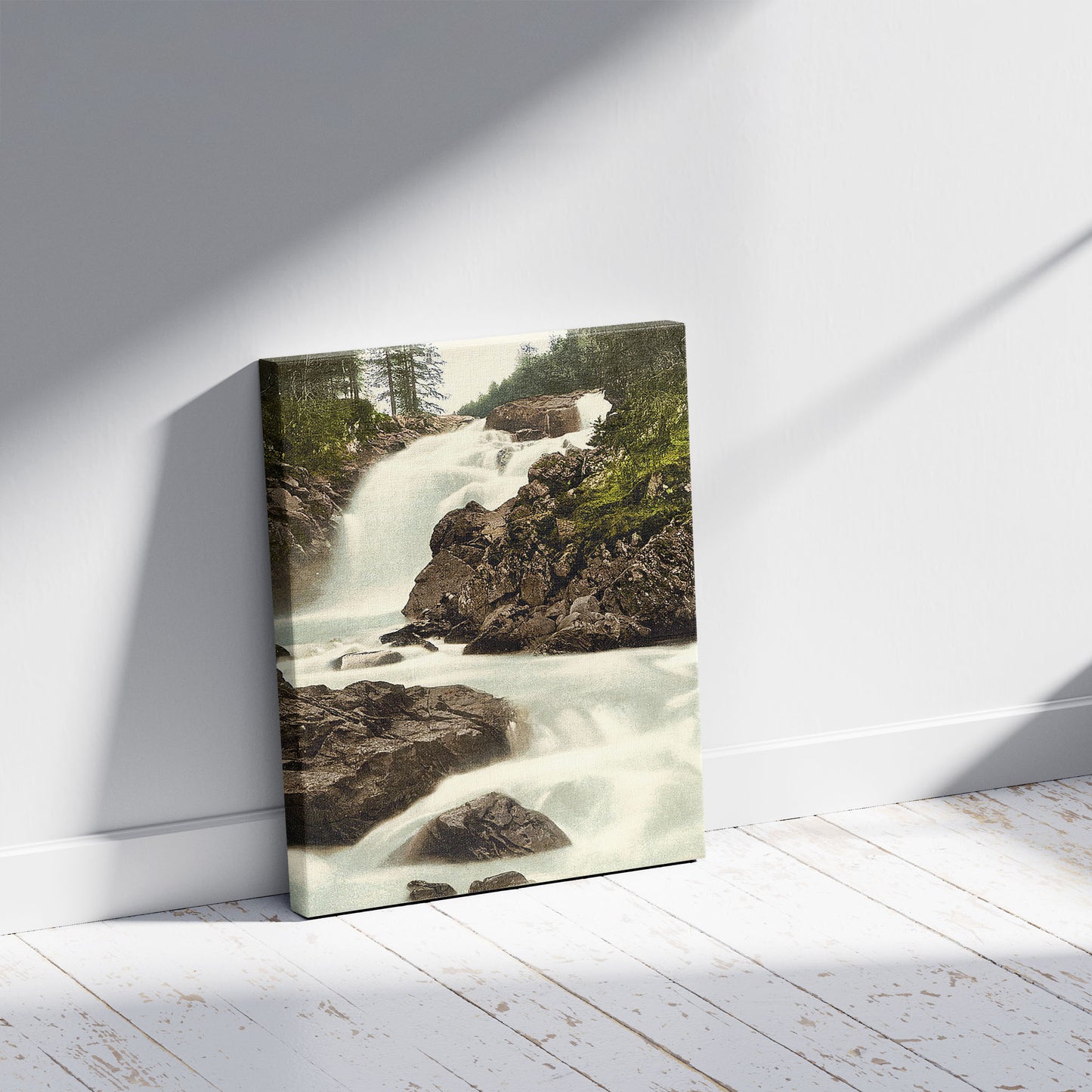 A picture of General view, Linn of Muick, Scotland, a mockup of the print leaning against a wall