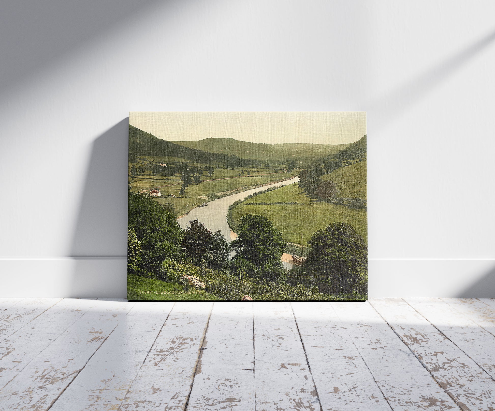 A picture of General view, Llandogo on the Wye, Wales, a mockup of the print leaning against a wall