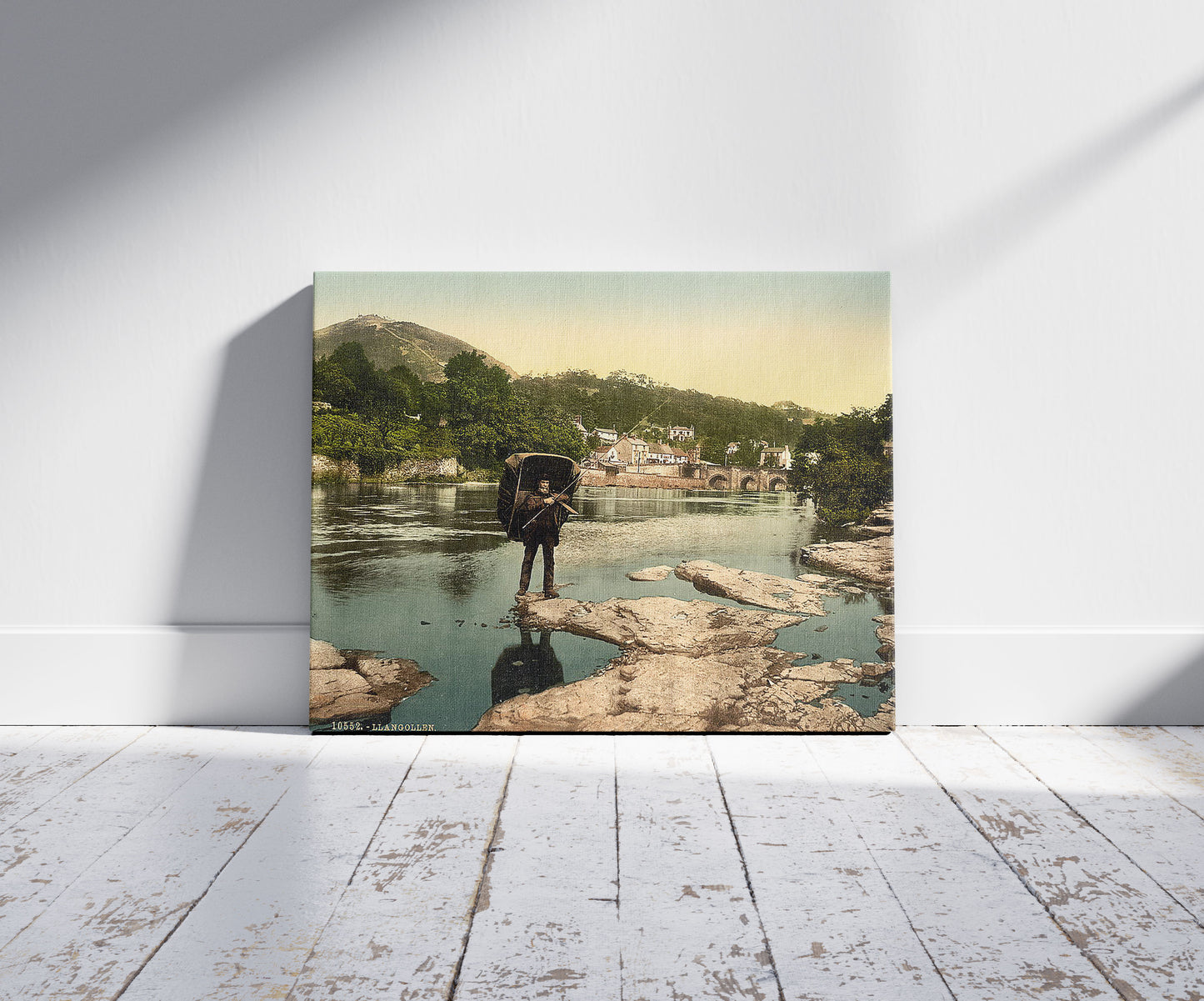 A picture of General view, Llangollen, Wales, a mockup of the print leaning against a wall