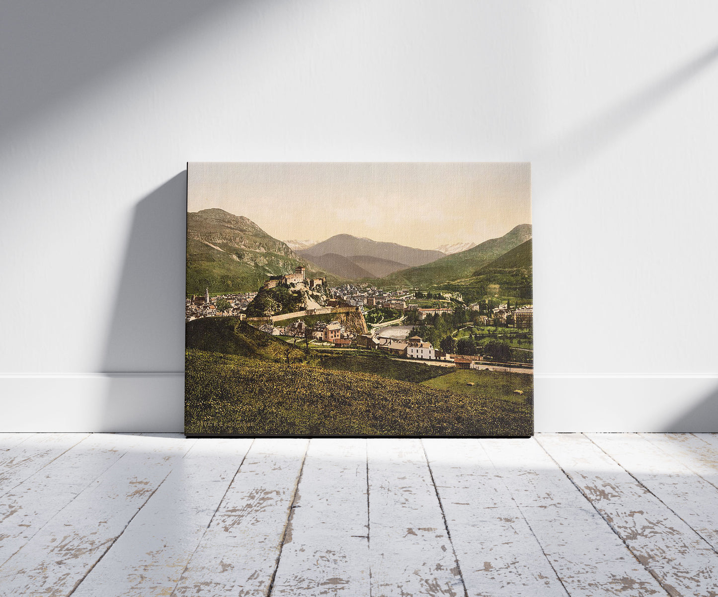 A picture of General view, Lourdes, Pyrenees, France, a mockup of the print leaning against a wall