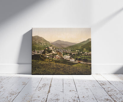 A picture of General view, Lourdes, Pyrenees, France, a mockup of the print leaning against a wall