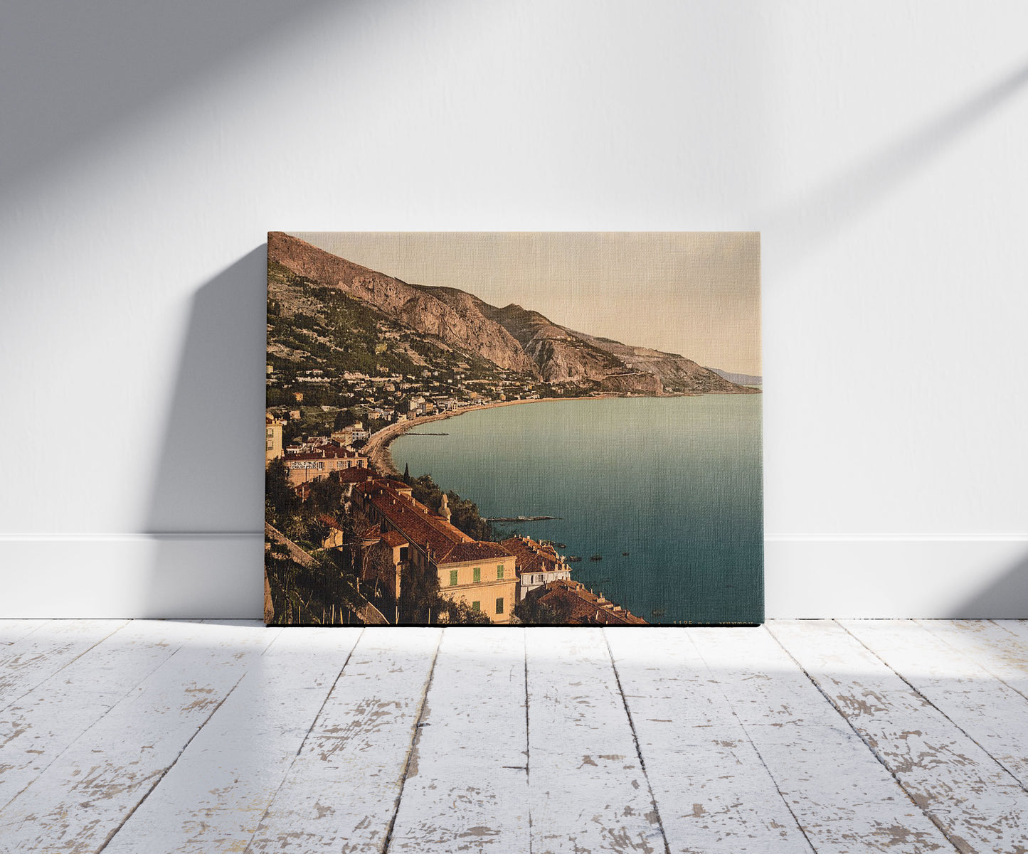 A picture of General view, Mentone, Riviera, a mockup of the print leaning against a wall