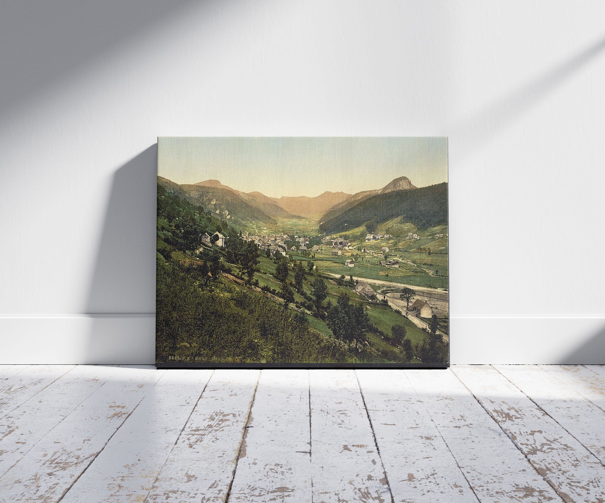 A picture of General view, Monte Dore, France, a mockup of the print leaning against a wall