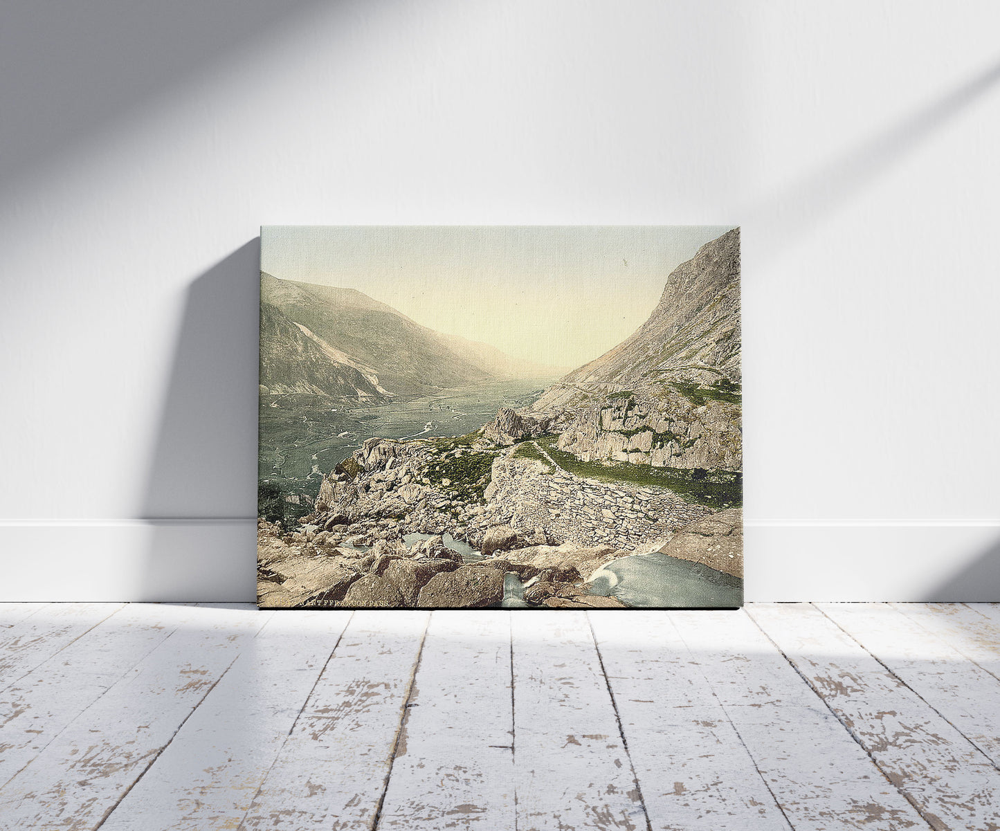 A picture of General view, Nant Francon (i.e. Nant Ffrancon) Pass, Wales, a mockup of the print leaning against a wall