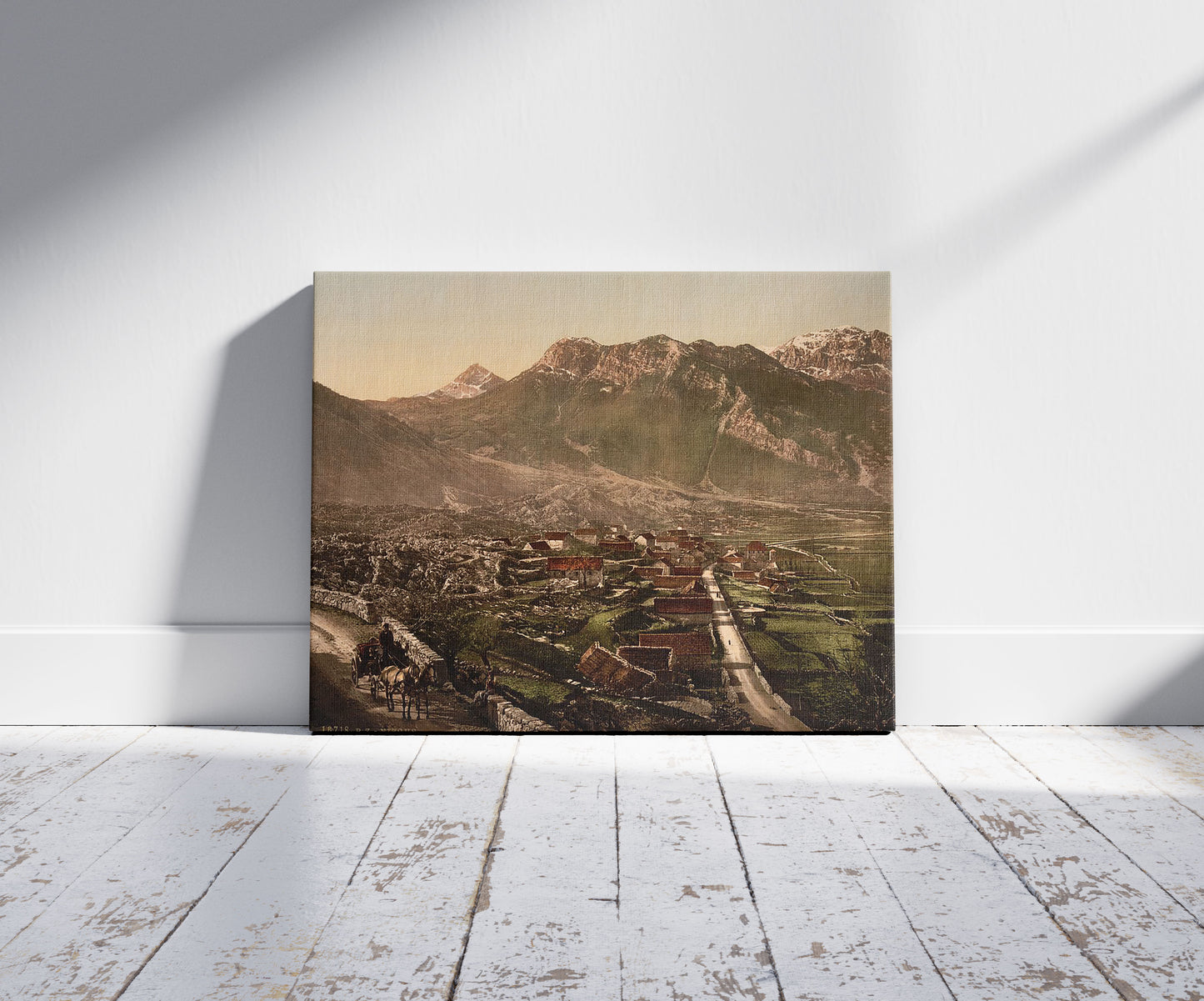 A picture of General view, Njegus, Montenegro, a mockup of the print leaning against a wall