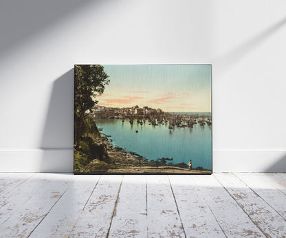 A picture of General view of the harbor, Douarnenez, France, a mockup of the print leaning against a wall