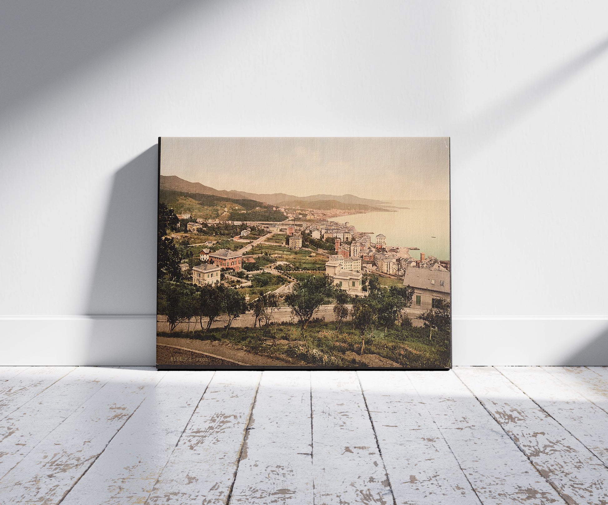 A picture of General view, Pegli, Genoa, Italy, a mockup of the print leaning against a wall