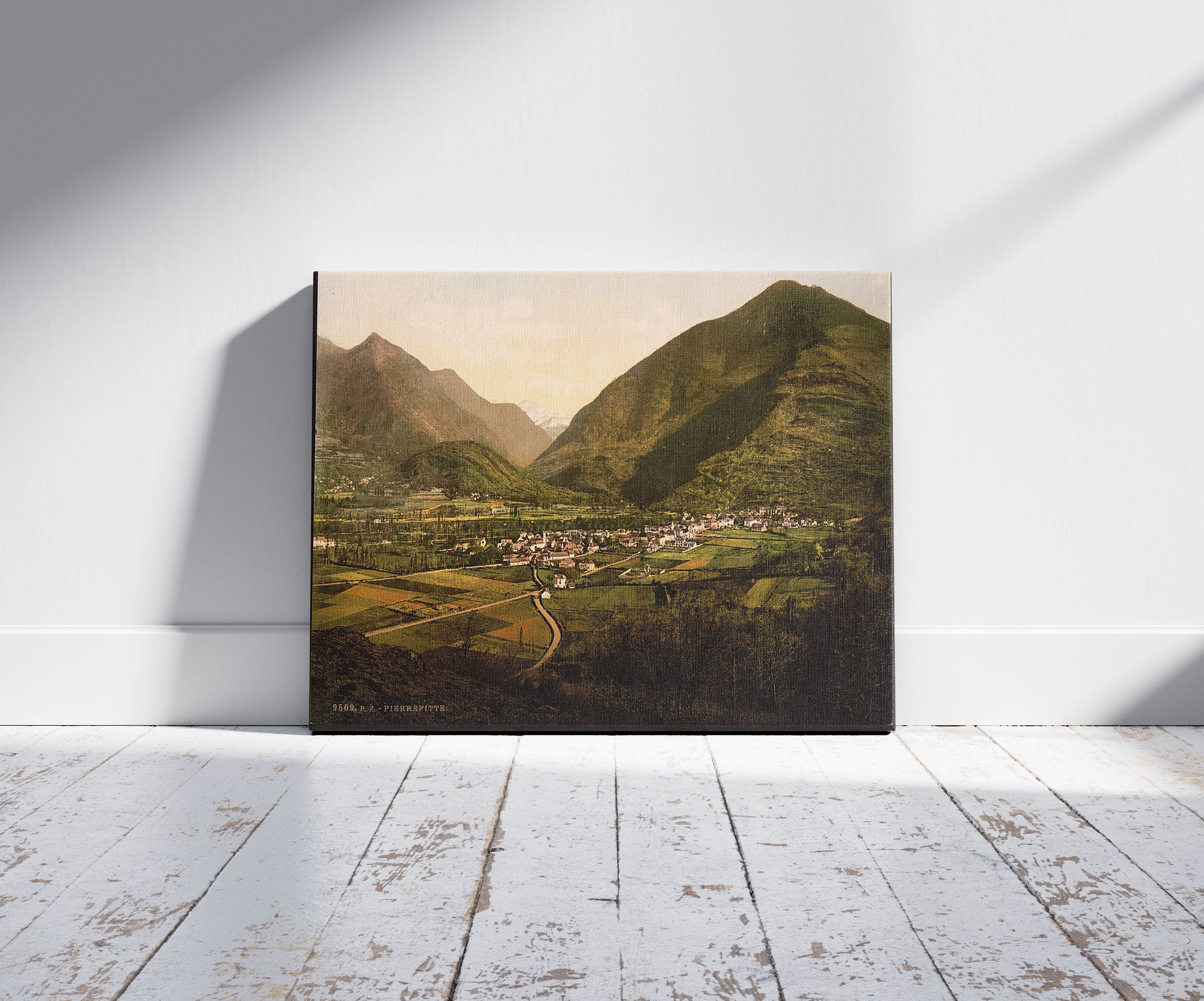 A picture of General view, Pierrefitte, Pyrenees, France, a mockup of the print leaning against a wall