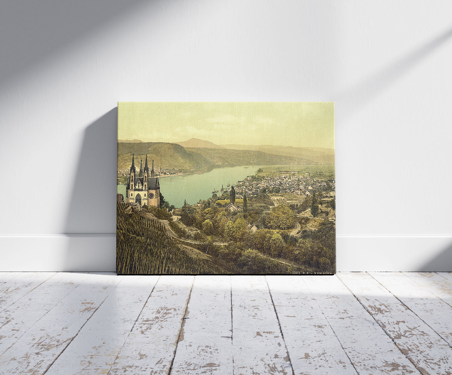 A picture of General view, Remagen, the Rhine, Germany, a mockup of the print leaning against a wall