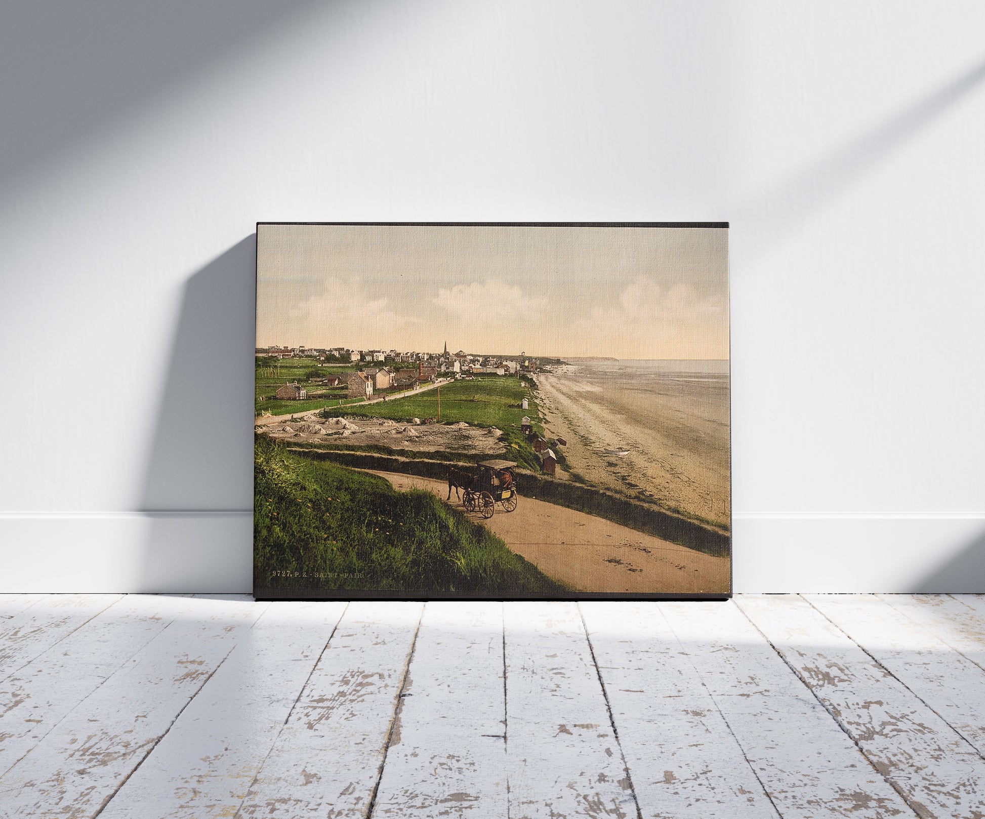 A picture of General view, St. Pair, France, a mockup of the print leaning against a wall