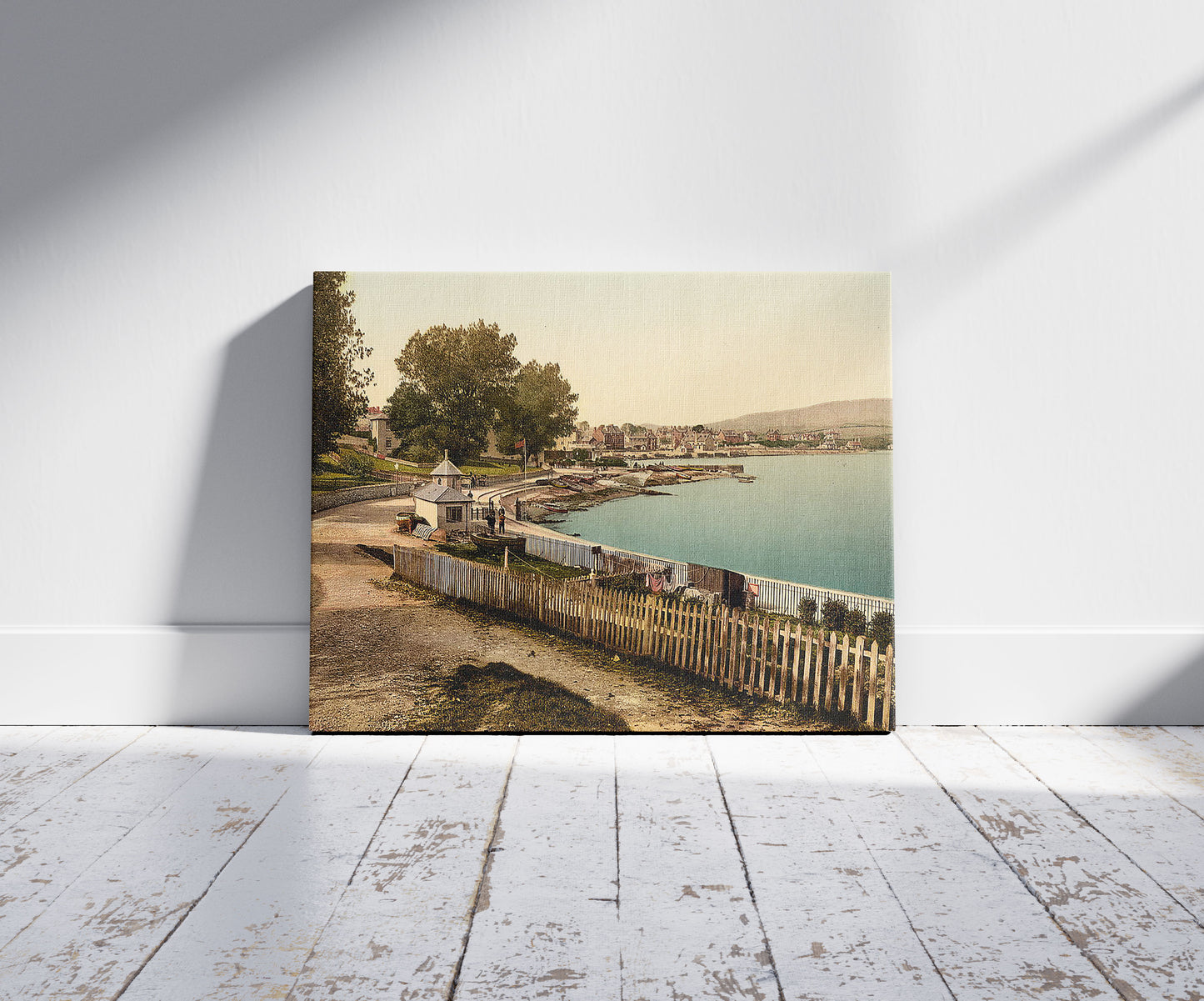 A picture of General view, Swanage, England, a mockup of the print leaning against a wall