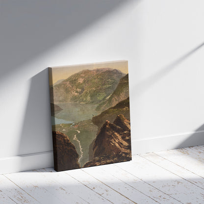 A picture of General view towards Merok, Geiranger Fjord, Norway, a mockup of the print leaning against a wall