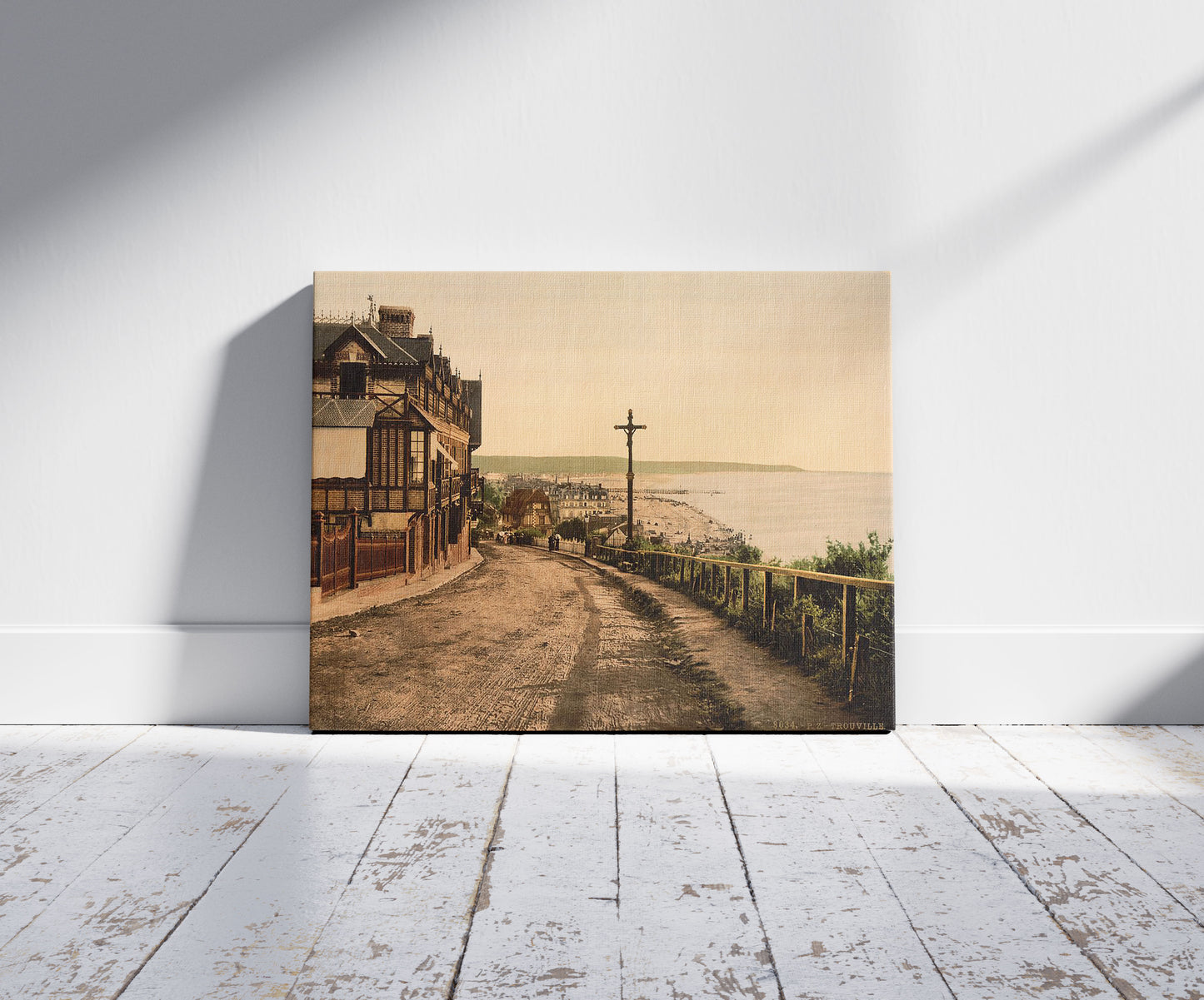 A picture of General view, Trouville, France, a mockup of the print leaning against a wall