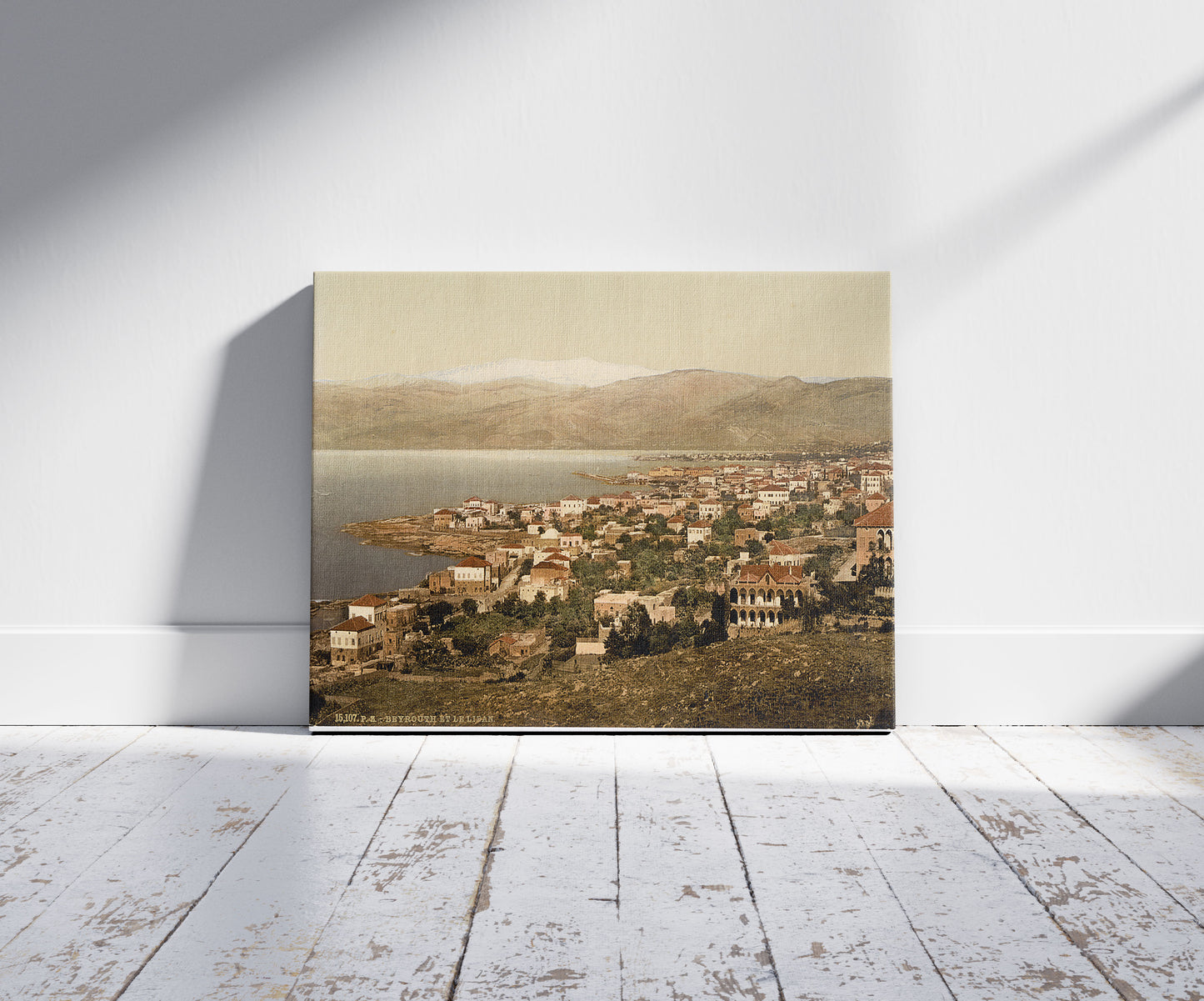 A picture of General view, with Lebanon in the distance, Beyrout, Holy Land, (i.e., Beirut, Lebanon), a mockup of the print leaning against a wall