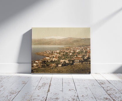 A picture of General view, with Lebanon in the distance, Beyrout, Holy Land, (i.e., Beirut, Lebanon), a mockup of the print leaning against a wall