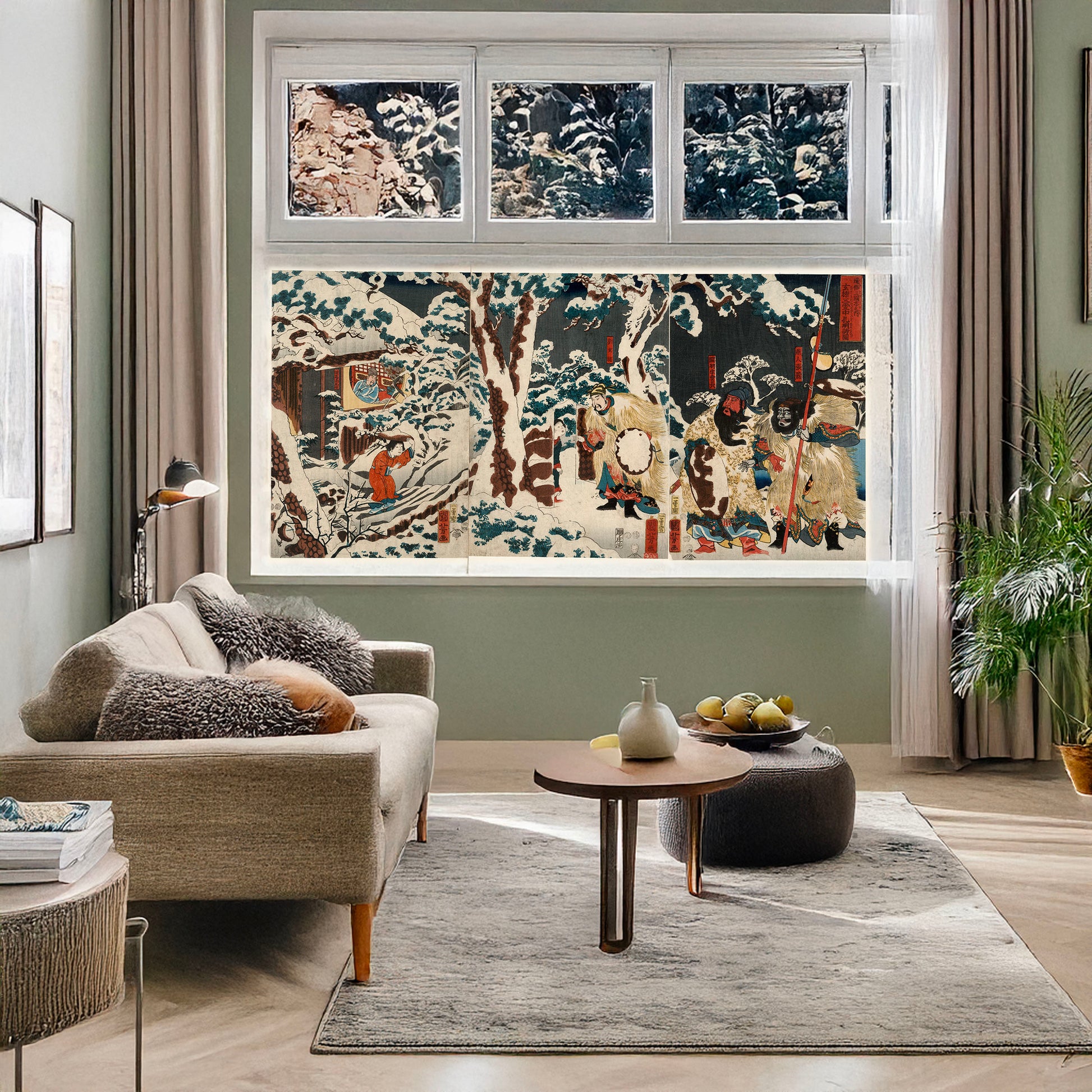 A picture of Gentoku mitabi secchū ni kōmei o otonou no zu, a mockup of the print leaning against a wall