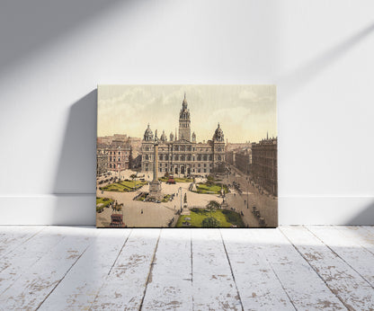 A picture of George Square, Glasgow, Scotland, a mockup of the print leaning against a wall