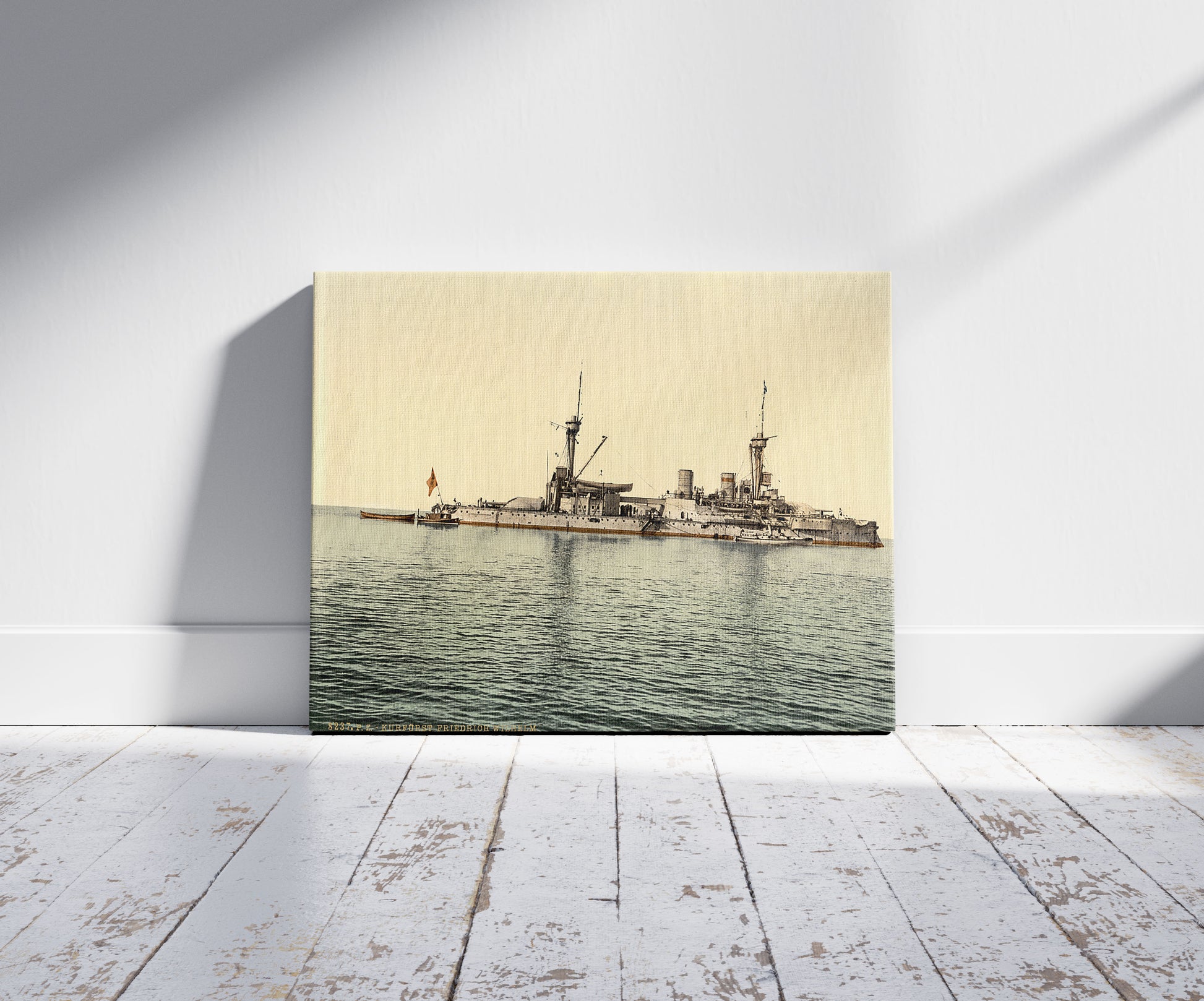 A picture of German war vessel "Kurfurst Friedrich Wilhelm", Helgoland, Germany, a mockup of the print leaning against a wall