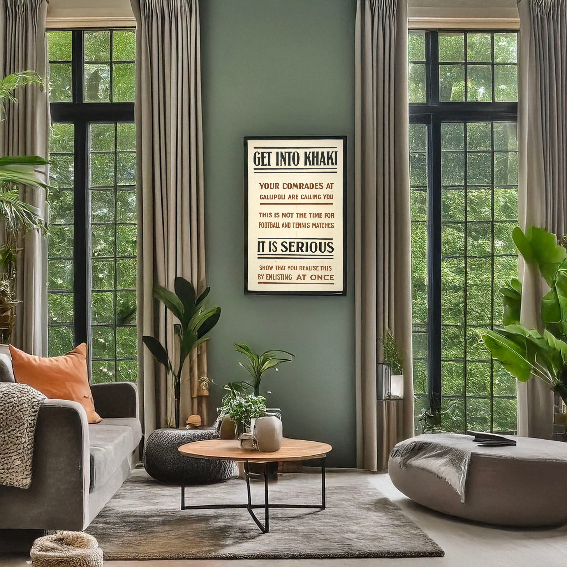 A picture of Get into khaki. Your comrades at Gallipoli are calling you. This is not the time for football and tennis matches. It is serious. Show that you realise this by enlisting at once, a mockup of the print leaning against a wall