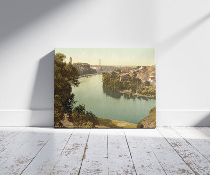 A picture of Giebichenstein Ruins and Valley of the Saale, Halle, German Saxony, Germany, a mockup of the print leaning against a wall