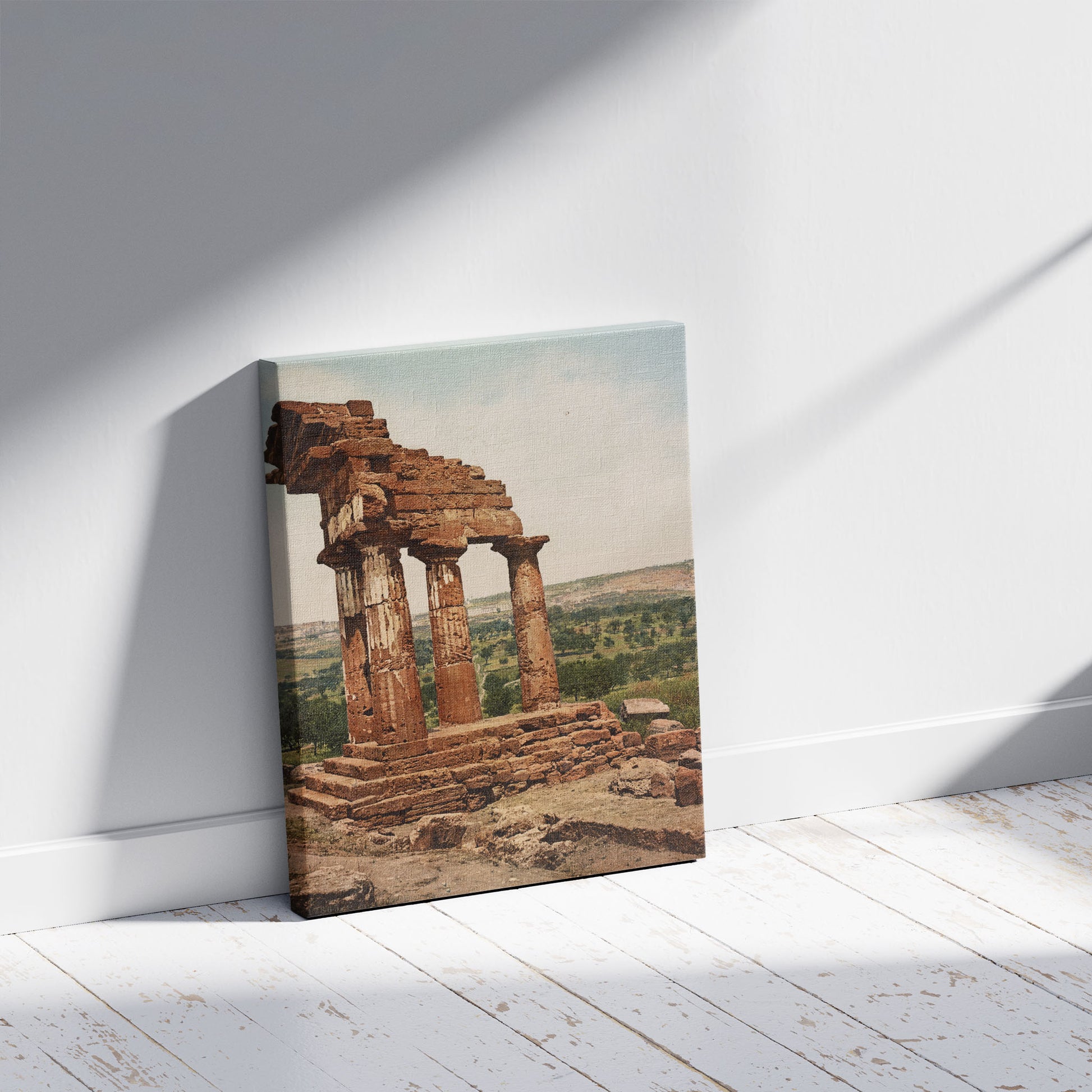 A picture of Girgenti. Tempio di Castore e Polluce, a mockup of the print leaning against a wall