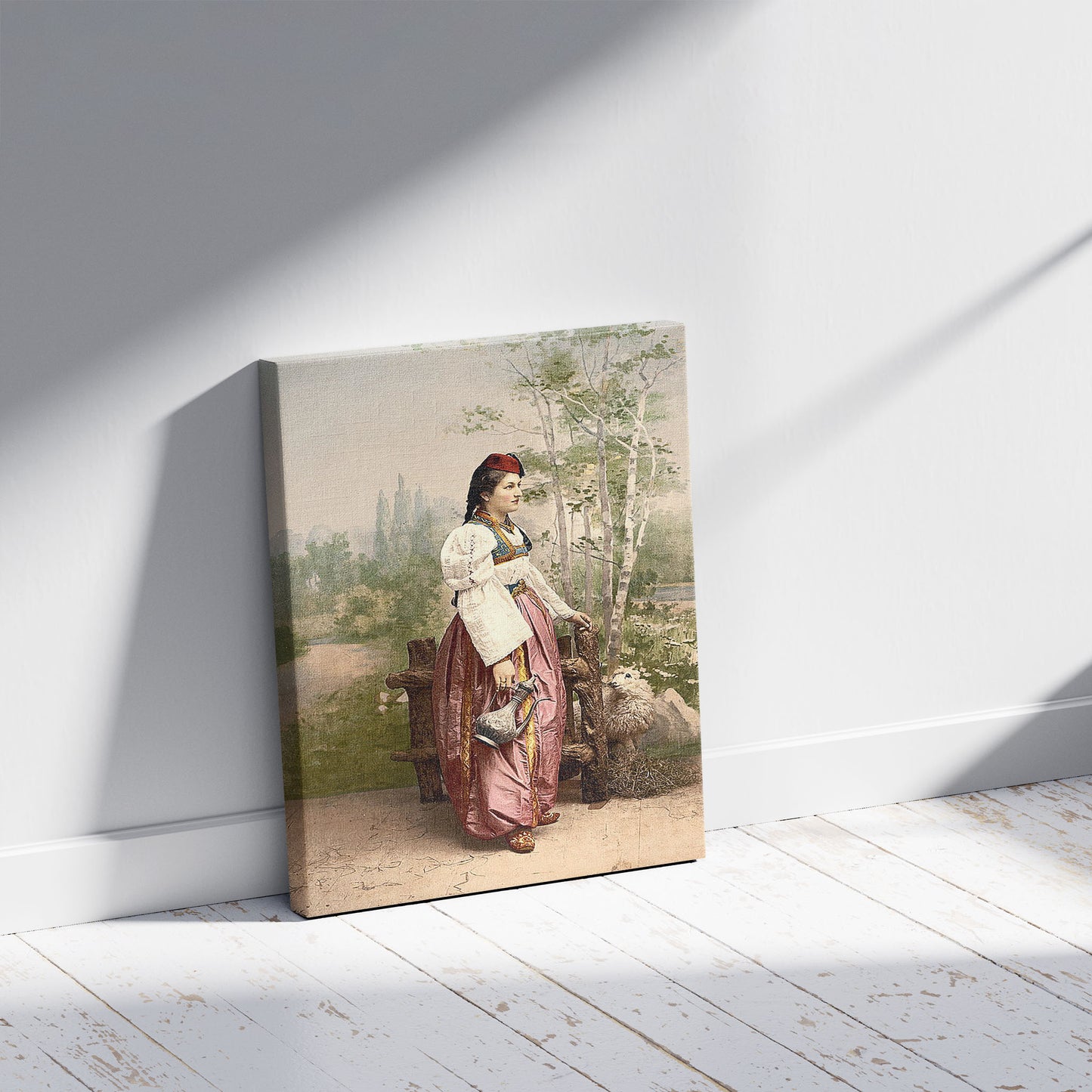 A picture of Girl of Sarajevo, Bosnia, Austro-Hungary, a mockup of the print leaning against a wall