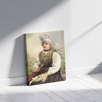 A picture of Girls in native costume, Carniola, Austro-Hungary, a mockup of the print leaning against a wall