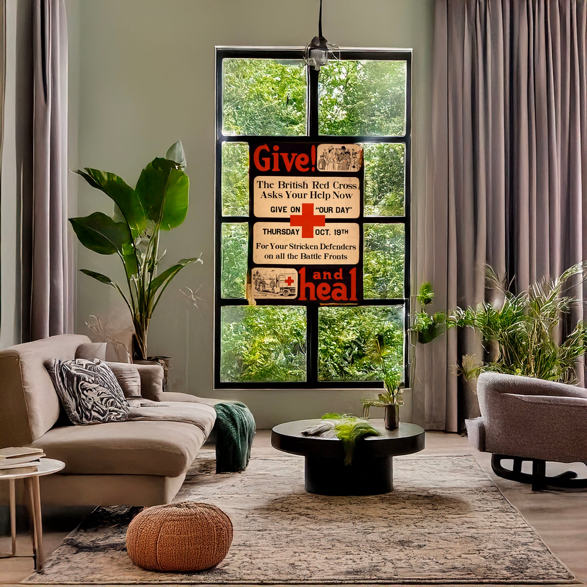 A picture of Give! and heal, a mockup of the print leaning against a wall