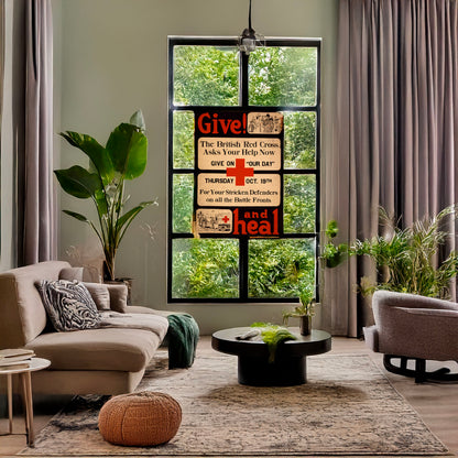 A picture of Give! and heal, a mockup of the print leaning against a wall