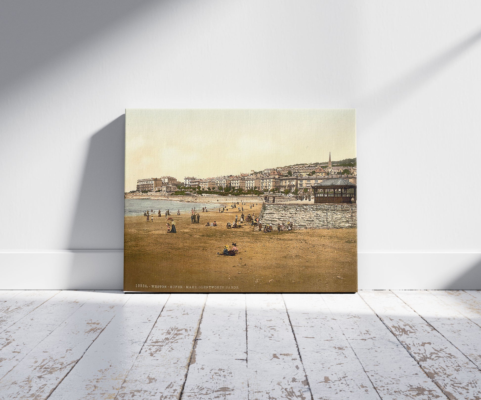 A picture of Glentworth Sands, Weston-super-Mare, England, a mockup of the print leaning against a wall