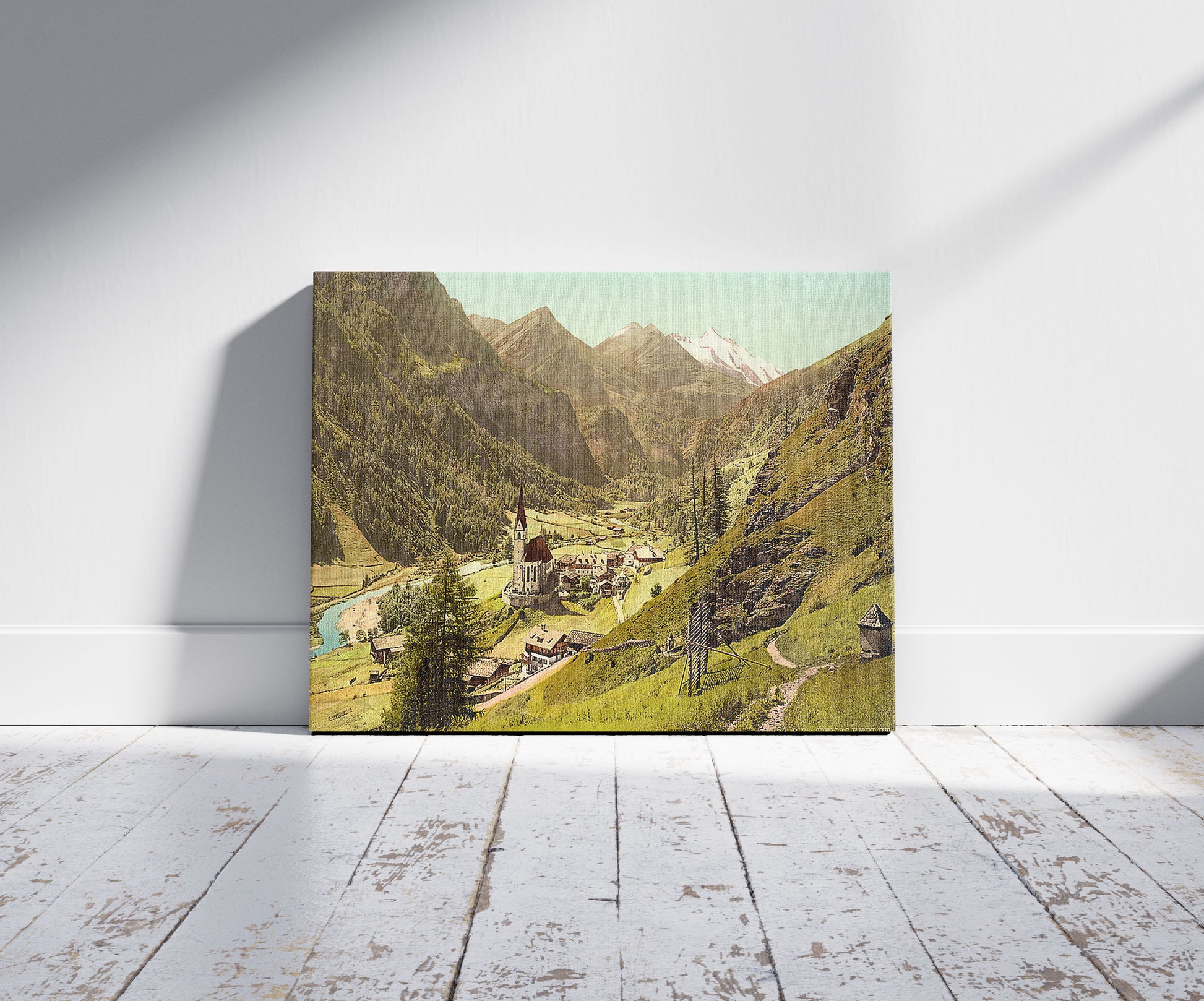 A picture of Glockner District, Heiligenblut, Carinthia, Austro-Hungary, a mockup of the print leaning against a wall