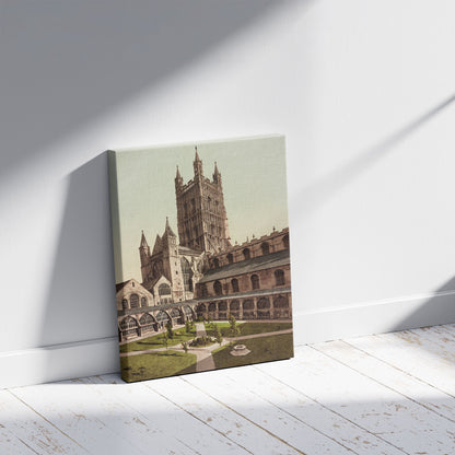 A picture of Gloucester Cathedral, a mockup of the print leaning against a wall