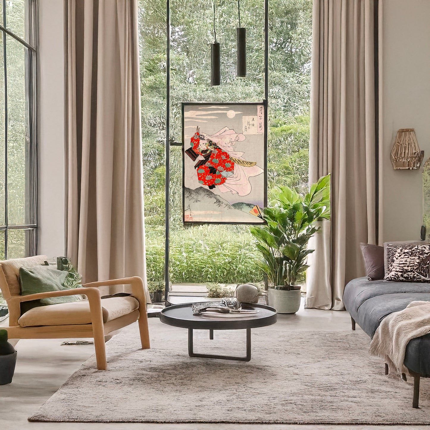A picture of Gojōbashi no tsuki, a mockup of the print leaning against a wall