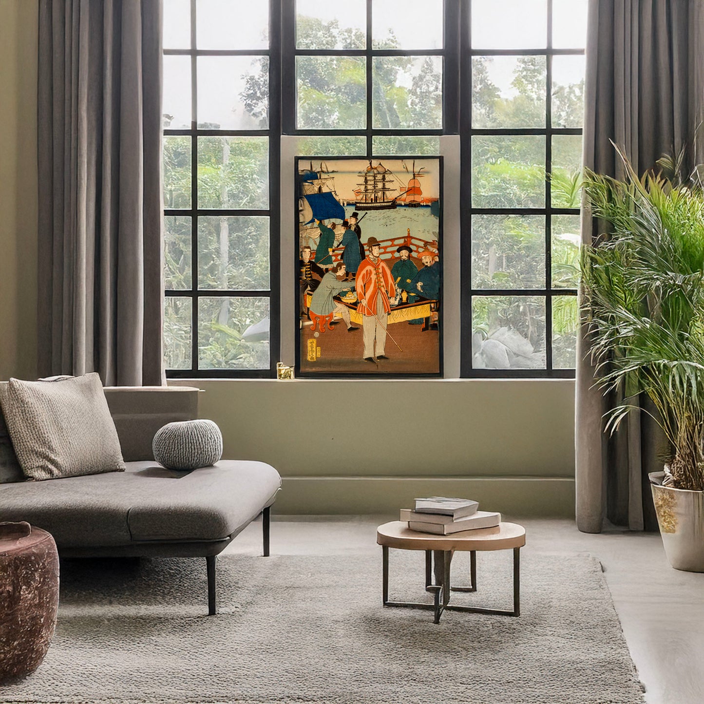 A picture of Gokakoku jinbutsu - dontaku no zu, a mockup of the print leaning against a wall