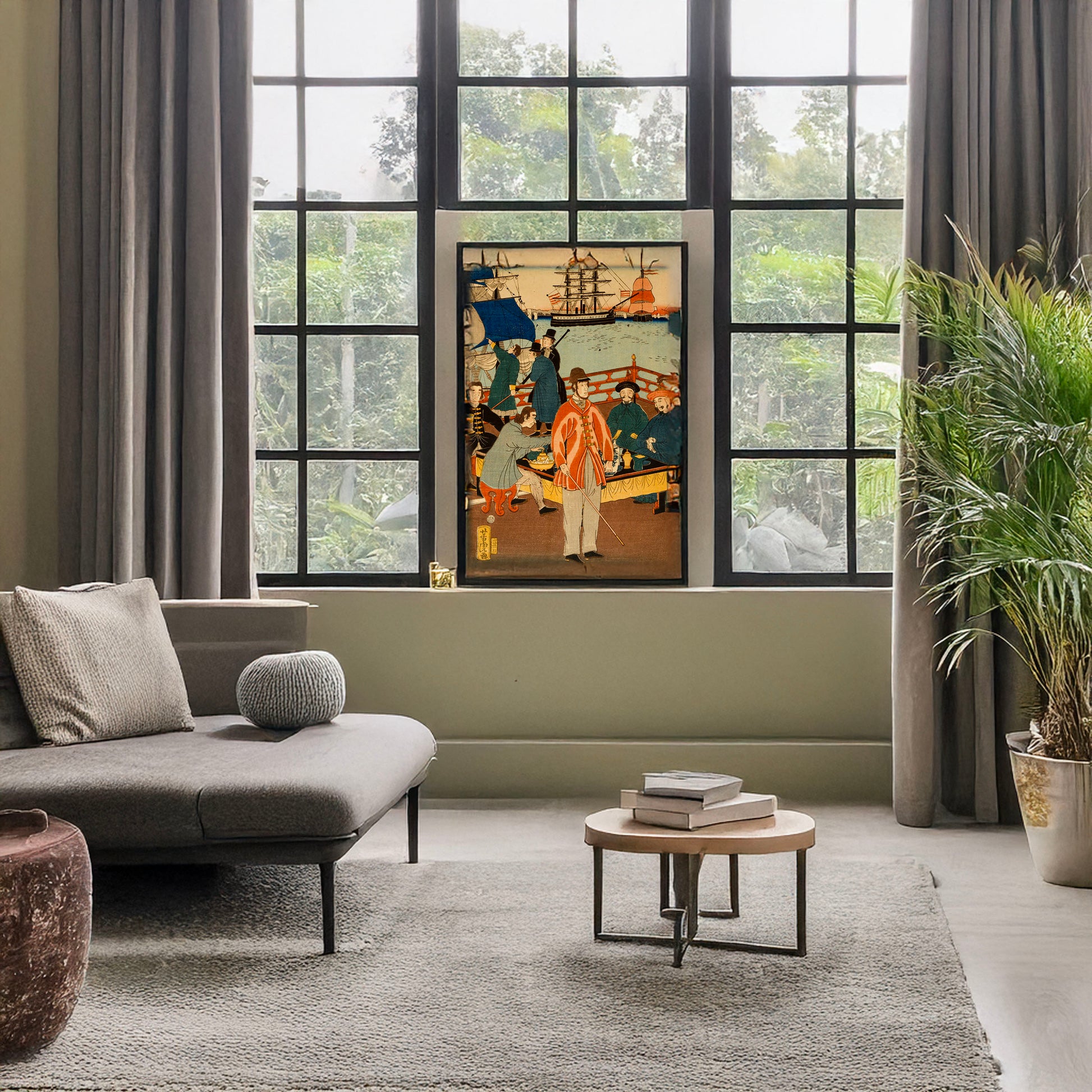 A picture of Gokakoku jinbutsu - dontaku no zu, a mockup of the print leaning against a wall