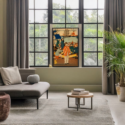 A picture of Gokakoku jinbutsu - dontaku no zu, a mockup of the print leaning against a wall