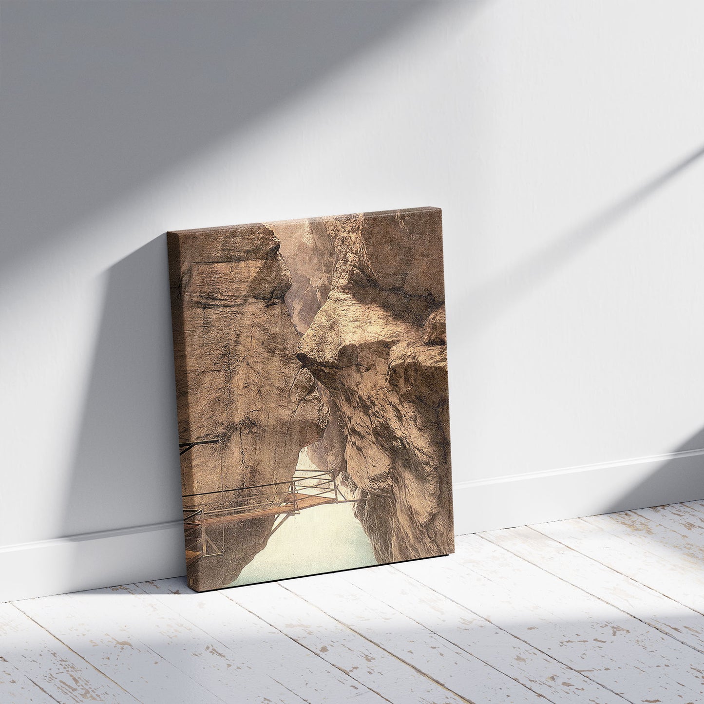 A picture of Gorge of the Aare River, near Meiringen, Bernese Oberland, Switzerland, a mockup of the print leaning against a wall