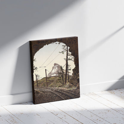 A picture of Gornergrat Railway, the Matterhorn from the tunnel, Valais, Alps of, Switzerland, a mockup of the print leaning against a wall